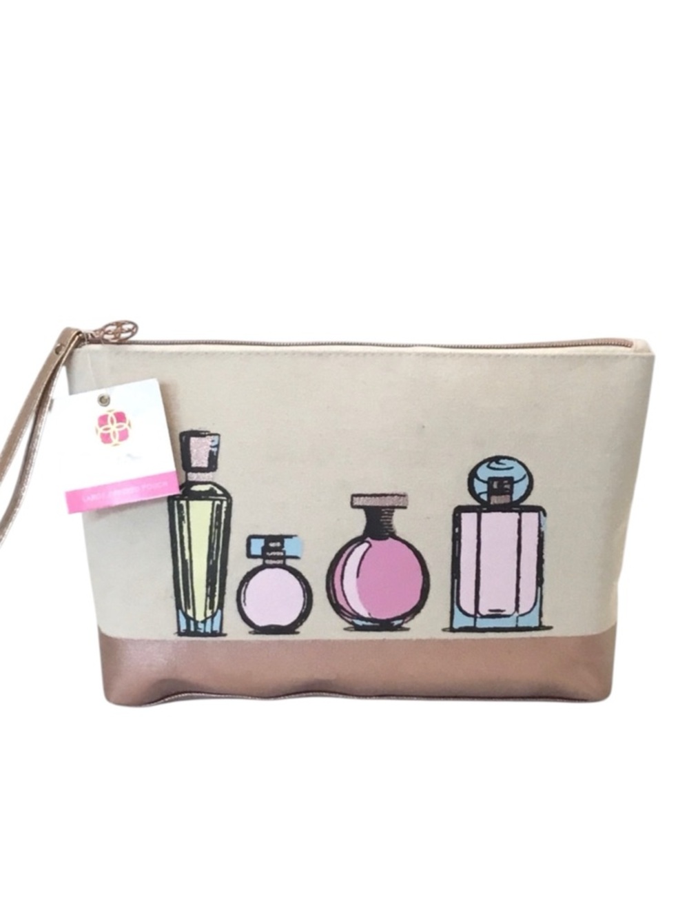 Wristlet Make-Up Cosmetic Bag White Canvas Whimsical Design Top Zip Travel Case